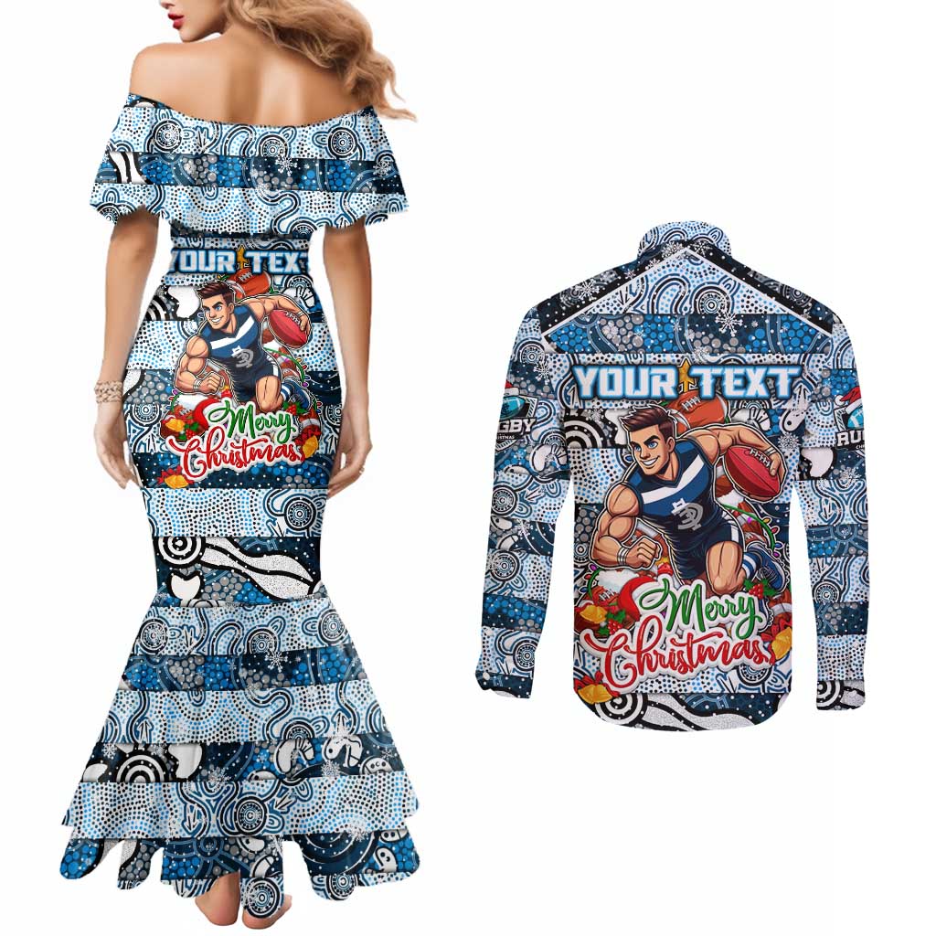 Custom Blues Rugby Merry Christmas Couples Matching Mermaid Dress and Long Sleeve Button Shirt Indigenous Australian Art