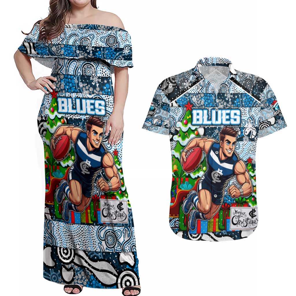 Custom Blues Rugby Merry Christmas Couples Matching Off Shoulder Maxi Dress and Hawaiian Shirt Indigenous Australian Art