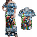 Custom Blues Rugby Merry Christmas Couples Matching Off Shoulder Maxi Dress and Hawaiian Shirt Indigenous Australian Art