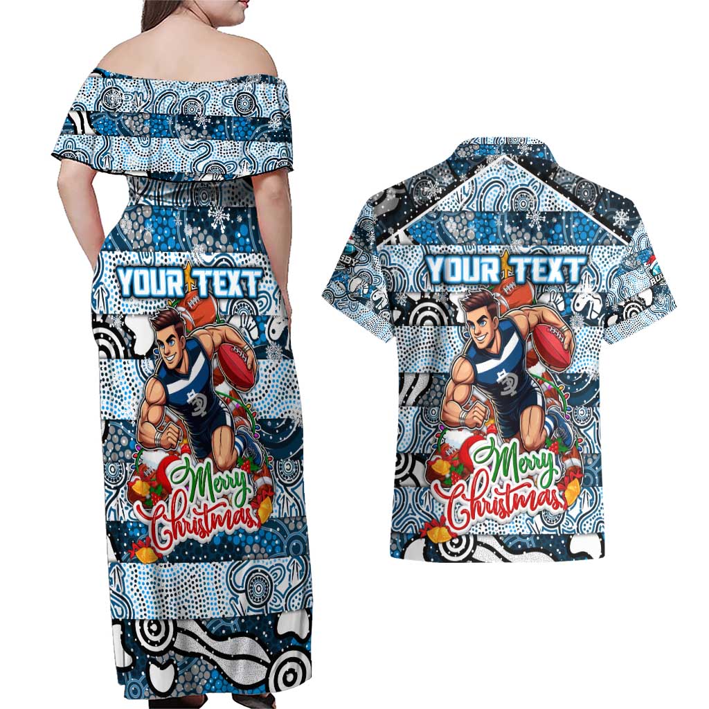 Custom Blues Rugby Merry Christmas Couples Matching Off Shoulder Maxi Dress and Hawaiian Shirt Indigenous Australian Art