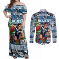 Custom Blues Rugby Merry Christmas Couples Matching Off Shoulder Maxi Dress and Long Sleeve Button Shirt Indigenous Australian Art