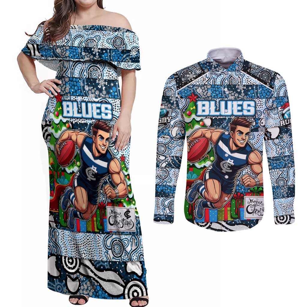 Custom Blues Rugby Merry Christmas Couples Matching Off Shoulder Maxi Dress and Long Sleeve Button Shirt Indigenous Australian Art