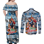 Custom Blues Rugby Merry Christmas Couples Matching Off Shoulder Maxi Dress and Long Sleeve Button Shirt Indigenous Australian Art