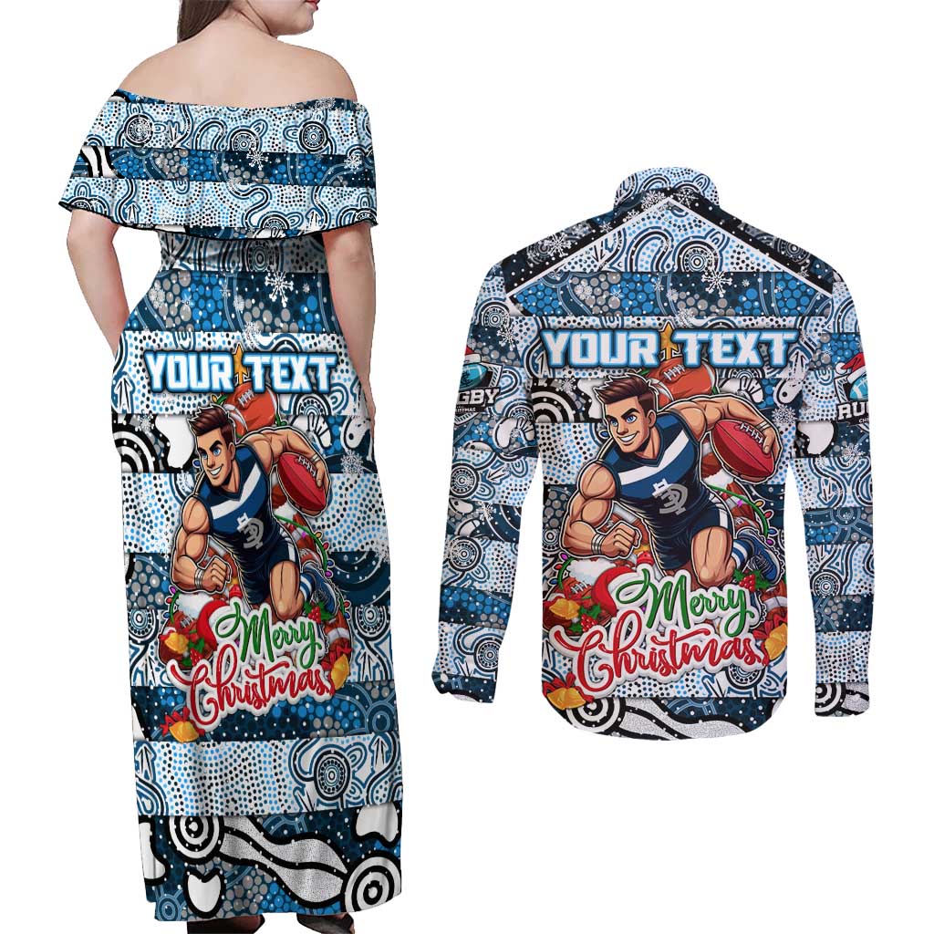 Custom Blues Rugby Merry Christmas Couples Matching Off Shoulder Maxi Dress and Long Sleeve Button Shirt Indigenous Australian Art