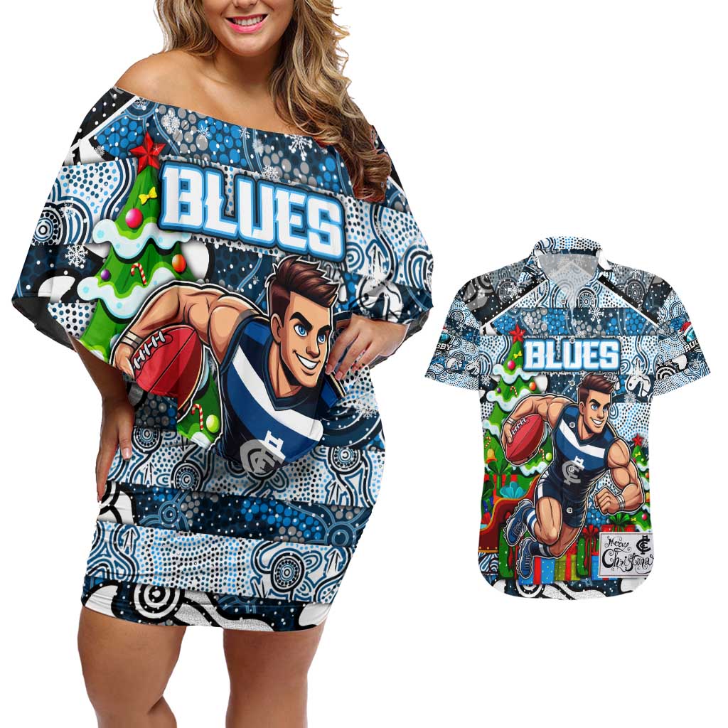 Custom Blues Rugby Merry Christmas Couples Matching Off Shoulder Short Dress and Hawaiian Shirt Indigenous Australian Art