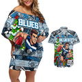 Custom Blues Rugby Merry Christmas Couples Matching Off Shoulder Short Dress and Hawaiian Shirt Indigenous Australian Art