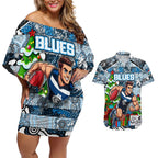 Custom Blues Rugby Merry Christmas Couples Matching Off Shoulder Short Dress and Hawaiian Shirt Indigenous Australian Art