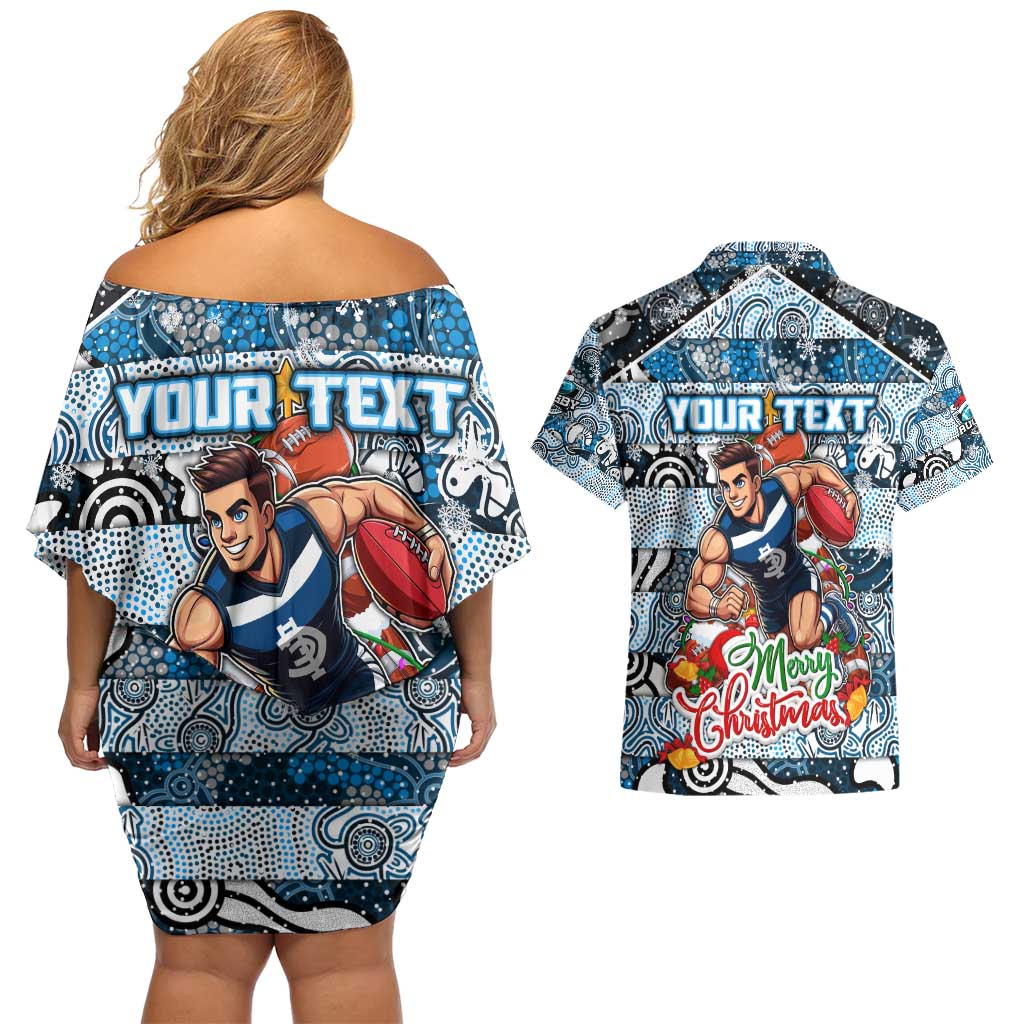 Custom Blues Rugby Merry Christmas Couples Matching Off Shoulder Short Dress and Hawaiian Shirt Indigenous Australian Art
