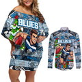 Custom Blues Rugby Merry Christmas Couples Matching Off Shoulder Short Dress and Long Sleeve Button Shirt Indigenous Australian Art
