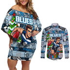 Custom Blues Rugby Merry Christmas Couples Matching Off Shoulder Short Dress and Long Sleeve Button Shirt Indigenous Australian Art