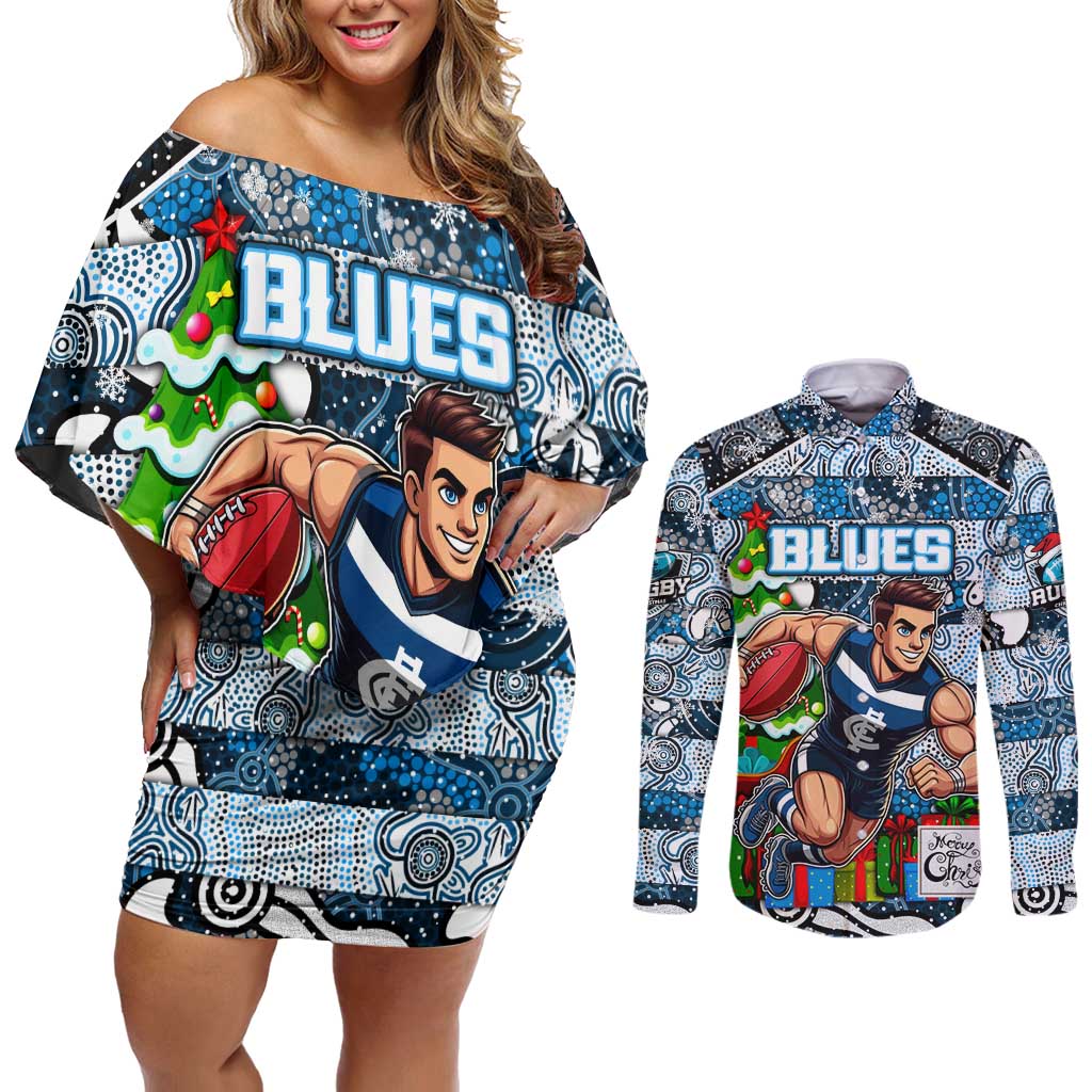 Custom Blues Rugby Merry Christmas Couples Matching Off Shoulder Short Dress and Long Sleeve Button Shirt Indigenous Australian Art