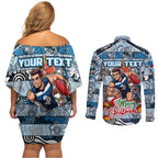 Custom Blues Rugby Merry Christmas Couples Matching Off Shoulder Short Dress and Long Sleeve Button Shirt Indigenous Australian Art