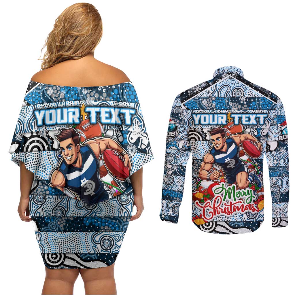 Custom Blues Rugby Merry Christmas Couples Matching Off Shoulder Short Dress and Long Sleeve Button Shirt Indigenous Australian Art