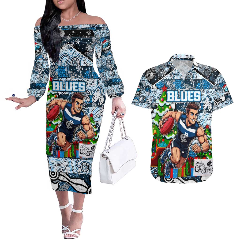 Custom Blues Rugby Merry Christmas Couples Matching Off The Shoulder Long Sleeve Dress and Hawaiian Shirt Indigenous Australian Art