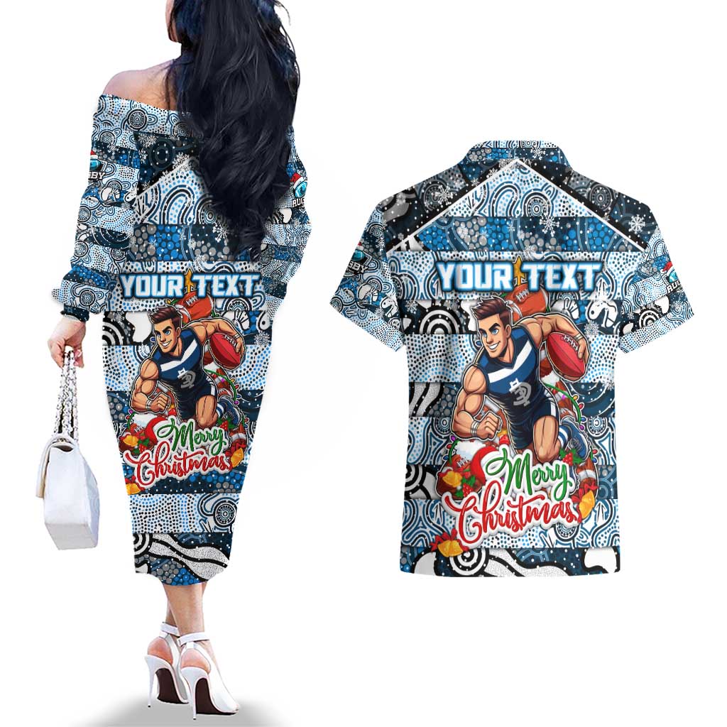Custom Blues Rugby Merry Christmas Couples Matching Off The Shoulder Long Sleeve Dress and Hawaiian Shirt Indigenous Australian Art
