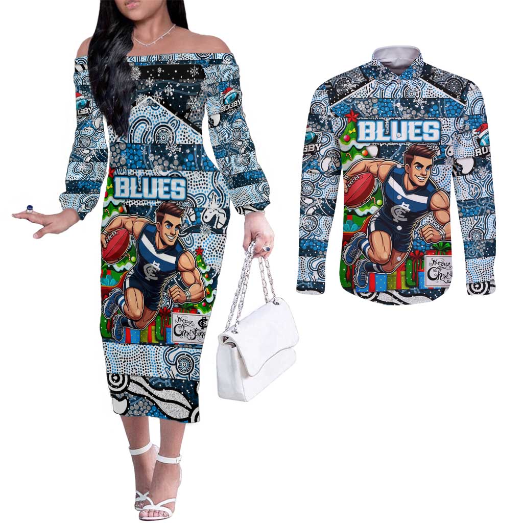 Custom Blues Rugby Merry Christmas Couples Matching Off The Shoulder Long Sleeve Dress and Long Sleeve Button Shirt Indigenous Australian Art