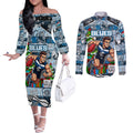 Custom Blues Rugby Merry Christmas Couples Matching Off The Shoulder Long Sleeve Dress and Long Sleeve Button Shirt Indigenous Australian Art