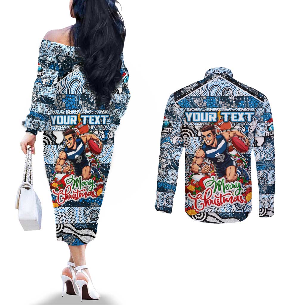 Custom Blues Rugby Merry Christmas Couples Matching Off The Shoulder Long Sleeve Dress and Long Sleeve Button Shirt Indigenous Australian Art