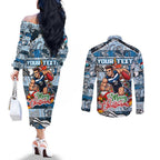 Custom Blues Rugby Merry Christmas Couples Matching Off The Shoulder Long Sleeve Dress and Long Sleeve Button Shirt Indigenous Australian Art