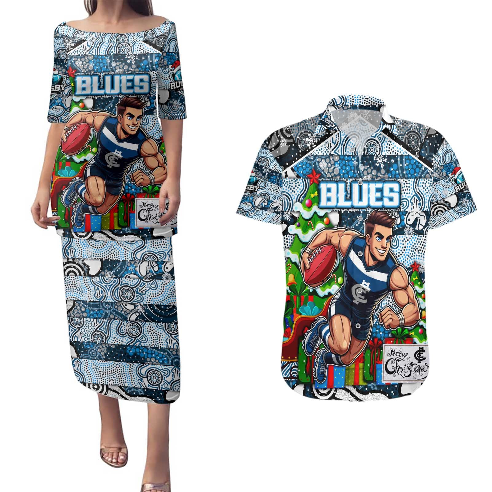 Custom Blues Rugby Merry Christmas Couples Matching Puletasi and Hawaiian Shirt Indigenous Australian Art