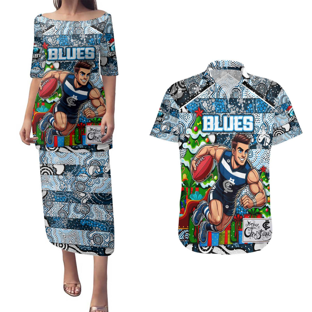 Custom Blues Rugby Merry Christmas Couples Matching Puletasi and Hawaiian Shirt Indigenous Australian Art
