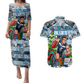 Custom Blues Rugby Merry Christmas Couples Matching Puletasi and Hawaiian Shirt Indigenous Australian Art
