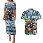 Custom Blues Rugby Merry Christmas Couples Matching Puletasi and Hawaiian Shirt Indigenous Australian Art
