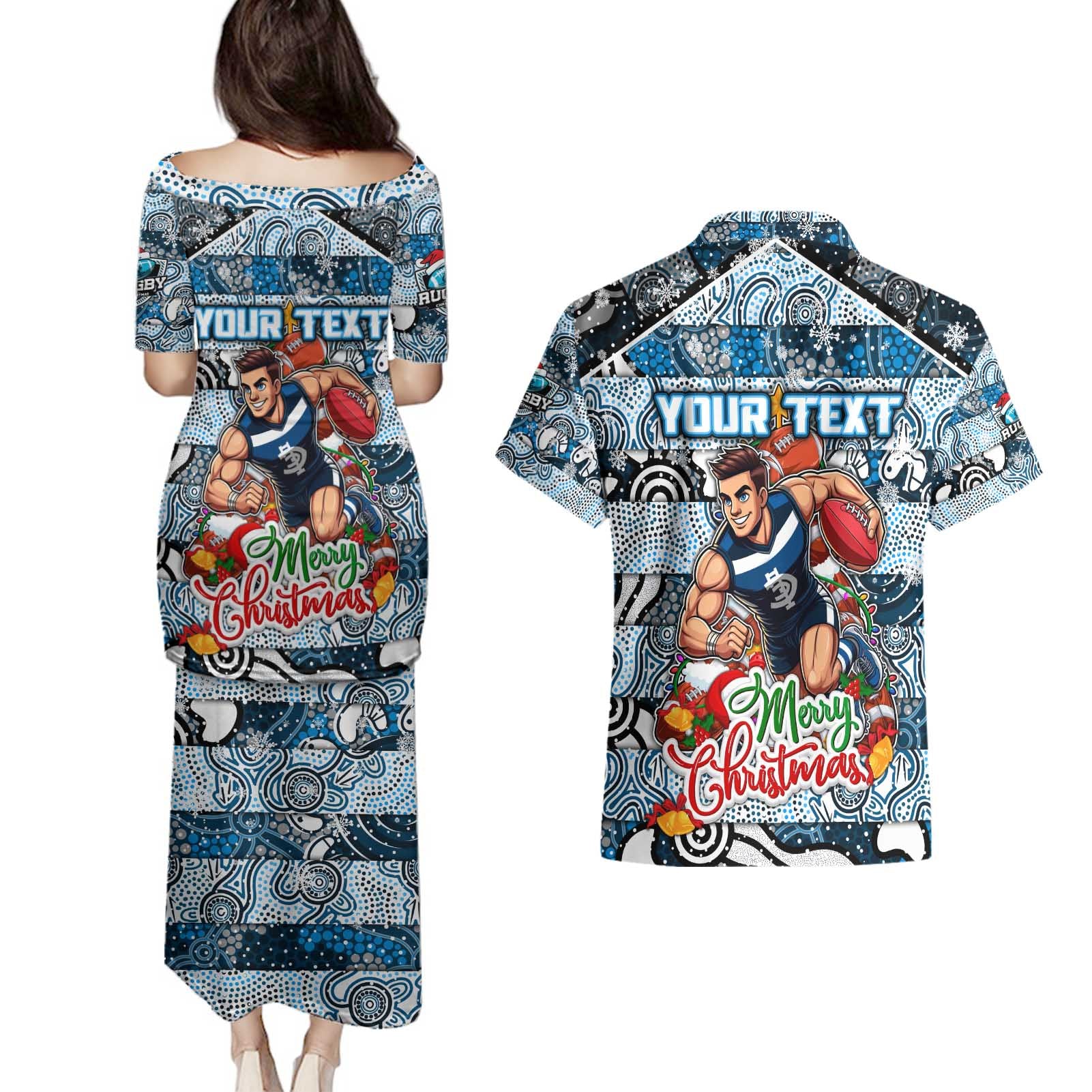 Custom Blues Rugby Merry Christmas Couples Matching Puletasi and Hawaiian Shirt Indigenous Australian Art
