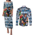 Custom Blues Rugby Merry Christmas Couples Matching Puletasi and Long Sleeve Button Shirt Indigenous Australian Art