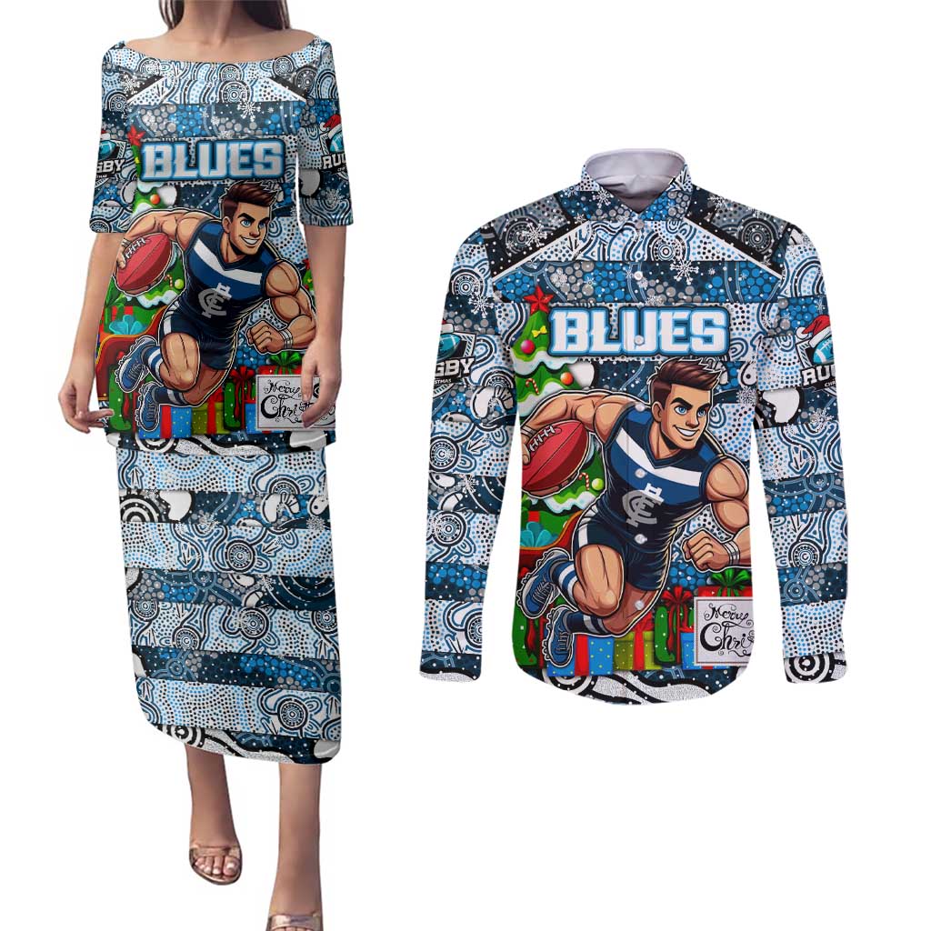 Custom Blues Rugby Merry Christmas Couples Matching Puletasi and Long Sleeve Button Shirt Indigenous Australian Art