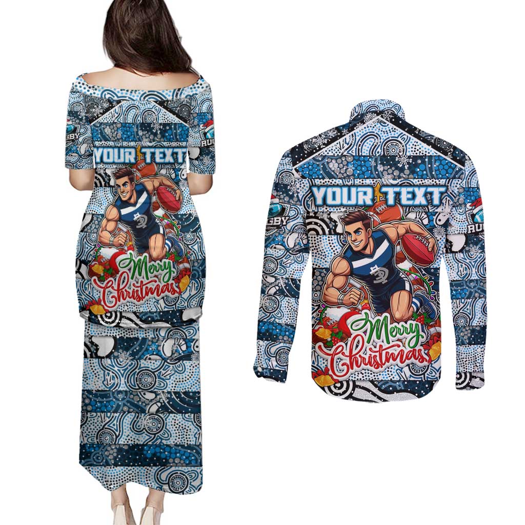 Custom Blues Rugby Merry Christmas Couples Matching Puletasi and Long Sleeve Button Shirt Indigenous Australian Art