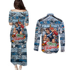 Custom Blues Rugby Merry Christmas Couples Matching Puletasi and Long Sleeve Button Shirt Indigenous Australian Art