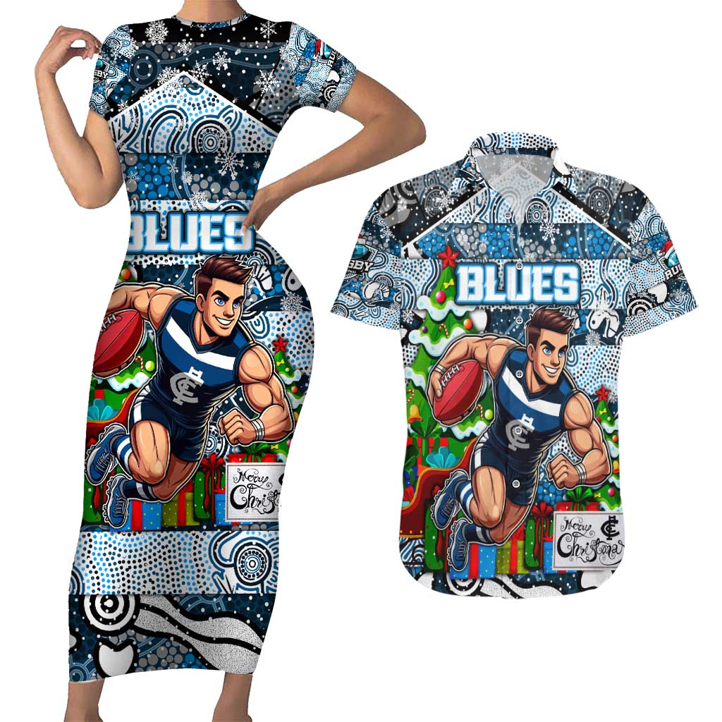 Custom Blues Rugby Merry Christmas Couples Matching Short Sleeve Bodycon Dress and Hawaiian Shirt Indigenous Australian Art