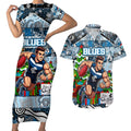 Custom Blues Rugby Merry Christmas Couples Matching Short Sleeve Bodycon Dress and Hawaiian Shirt Indigenous Australian Art