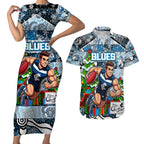Custom Blues Rugby Merry Christmas Couples Matching Short Sleeve Bodycon Dress and Hawaiian Shirt Indigenous Australian Art