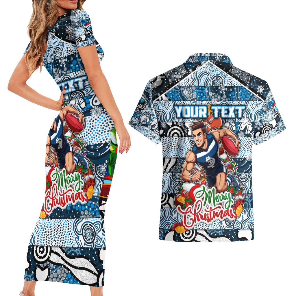 Custom Blues Rugby Merry Christmas Couples Matching Short Sleeve Bodycon Dress and Hawaiian Shirt Indigenous Australian Art