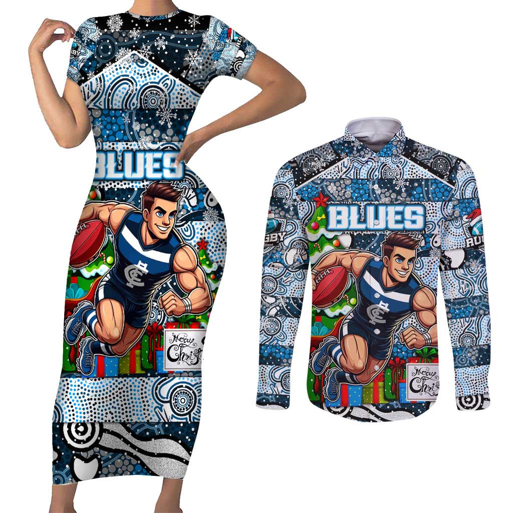 Custom Blues Rugby Merry Christmas Couples Matching Short Sleeve Bodycon Dress and Long Sleeve Button Shirt Indigenous Australian Art