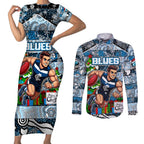 Custom Blues Rugby Merry Christmas Couples Matching Short Sleeve Bodycon Dress and Long Sleeve Button Shirt Indigenous Australian Art
