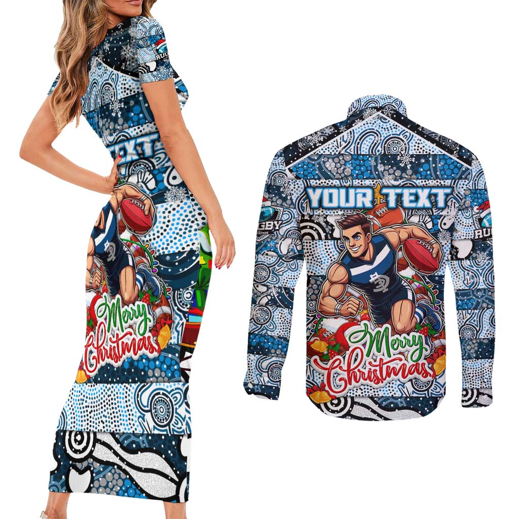 Custom Blues Rugby Merry Christmas Couples Matching Short Sleeve Bodycon Dress and Long Sleeve Button Shirt Indigenous Australian Art