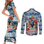 Custom Blues Rugby Merry Christmas Couples Matching Short Sleeve Bodycon Dress and Long Sleeve Button Shirt Indigenous Australian Art
