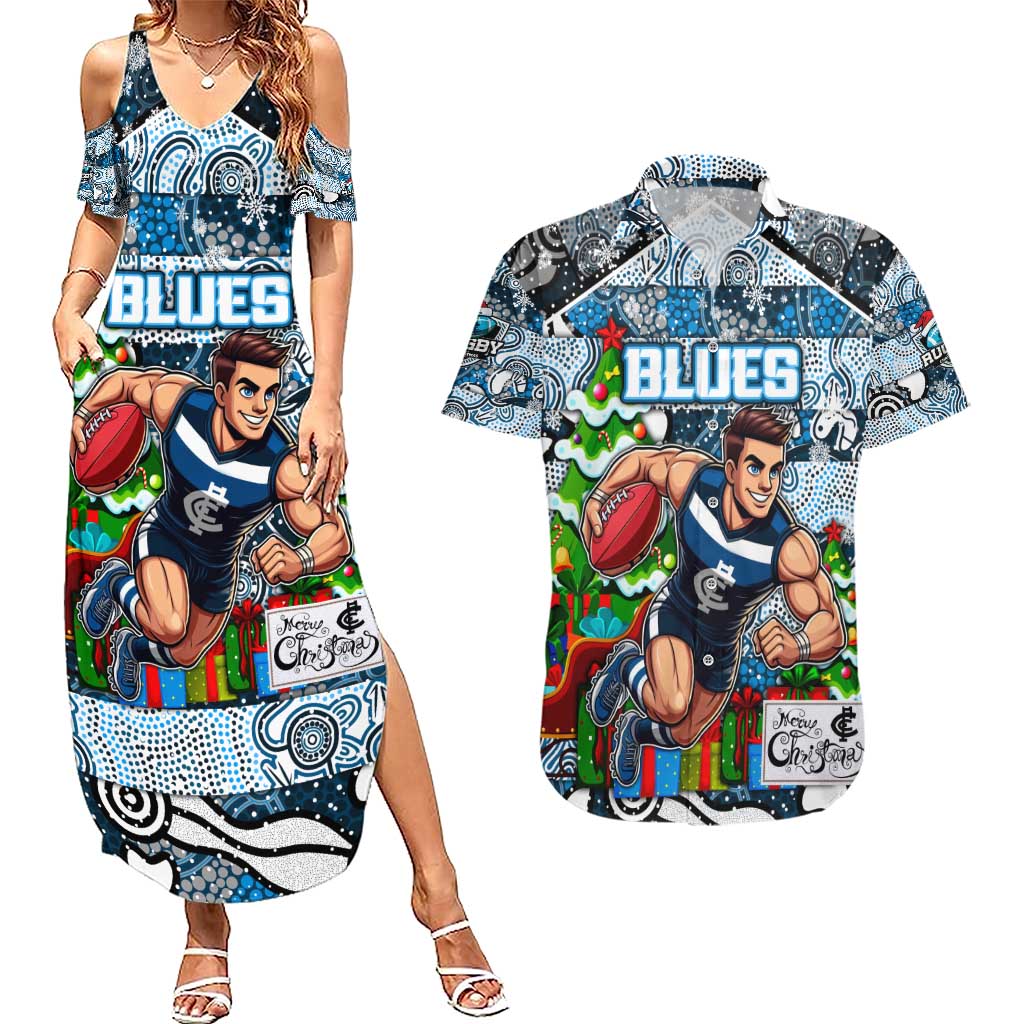 Custom Blues Rugby Merry Christmas Couples Matching Summer Maxi Dress and Hawaiian Shirt Indigenous Australian Art