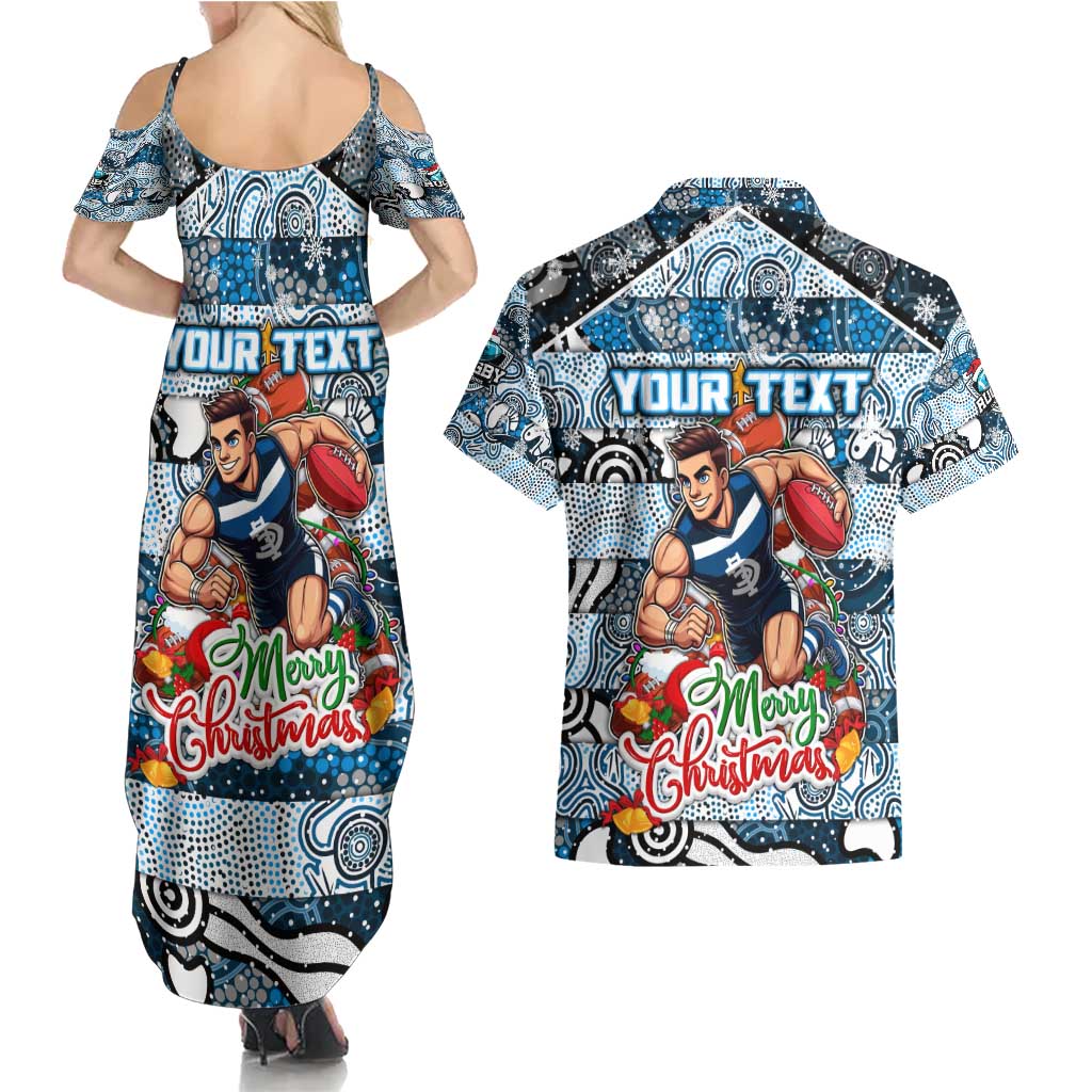 Custom Blues Rugby Merry Christmas Couples Matching Summer Maxi Dress and Hawaiian Shirt Indigenous Australian Art