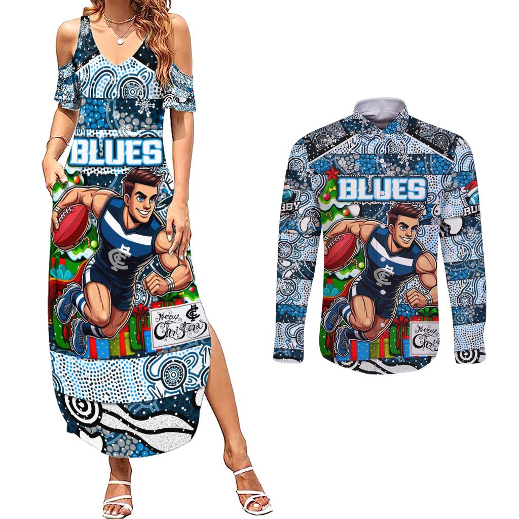 Custom Blues Rugby Merry Christmas Couples Matching Summer Maxi Dress and Long Sleeve Button Shirt Indigenous Australian Art