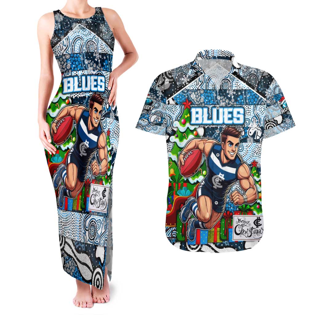 Custom Blues Rugby Merry Christmas Couples Matching Tank Maxi Dress and Hawaiian Shirt Indigenous Australian Art