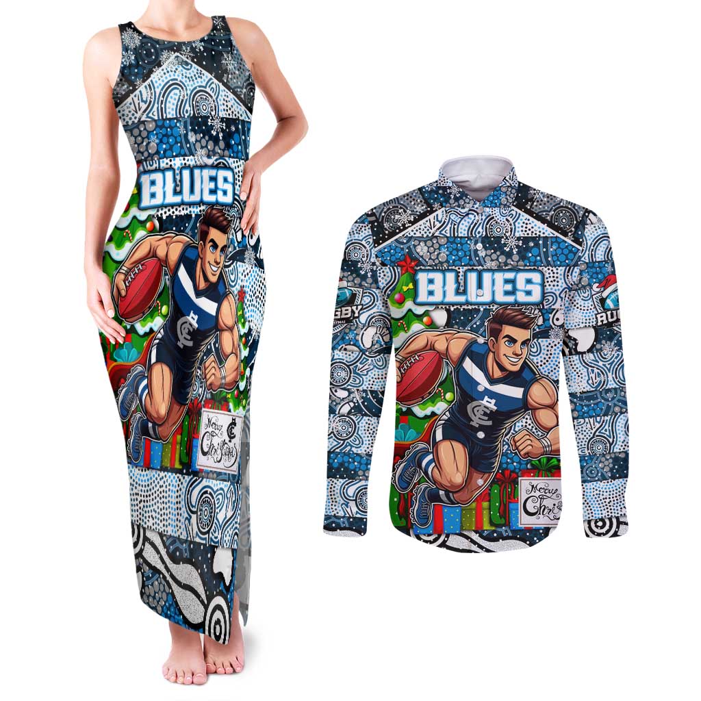 Custom Blues Rugby Merry Christmas Couples Matching Tank Maxi Dress and Long Sleeve Button Shirt Indigenous Australian Art