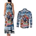 Custom Blues Rugby Merry Christmas Couples Matching Tank Maxi Dress and Long Sleeve Button Shirt Indigenous Australian Art