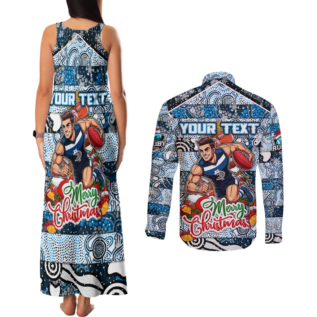 Custom Blues Rugby Merry Christmas Couples Matching Tank Maxi Dress and Long Sleeve Button Shirt Indigenous Australian Art