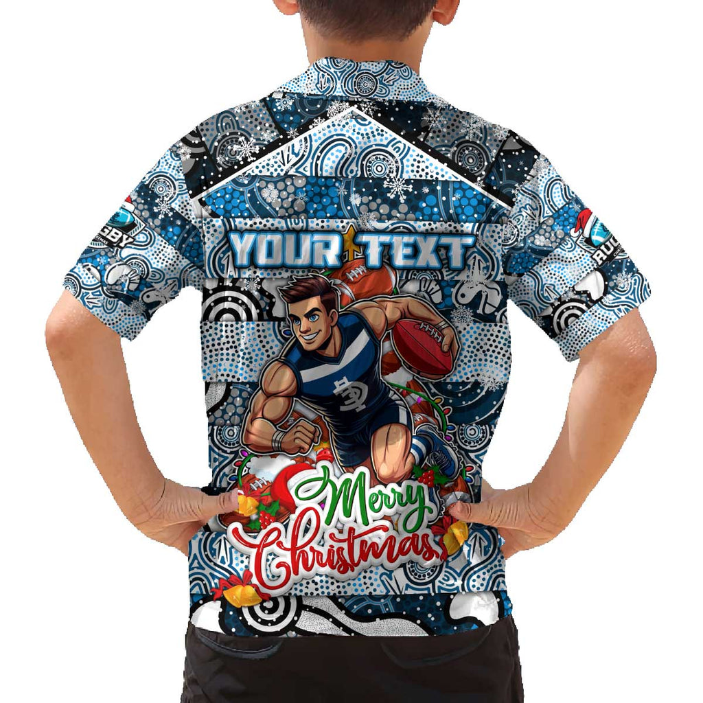 Custom Blues Rugby Merry Christmas Family Matching Off The Shoulder Long Sleeve Dress and Hawaiian Shirt Indigenous Australian Art