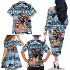 Custom Blues Rugby Merry Christmas Family Matching Off The Shoulder Long Sleeve Dress and Hawaiian Shirt Indigenous Australian Art