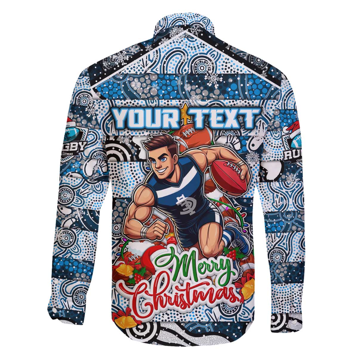 Custom Blues Rugby Merry Christmas Family Matching Off The Shoulder Long Sleeve Dress and Hawaiian Shirt Indigenous Australian Art